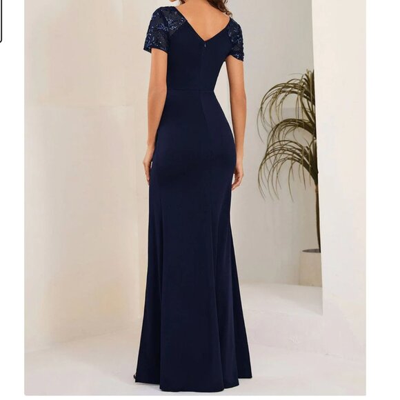 Deep V-Neck Sequin Short Sleeve High Side Front Slit Formal Evening Dresses - Picture 2 of 7